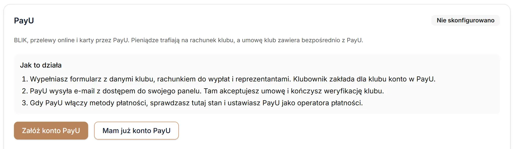 Karta PayU przed konfiguracją