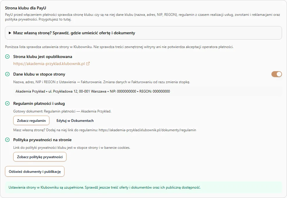 Dane klubu w stopce, regulamin i polityka prywatności