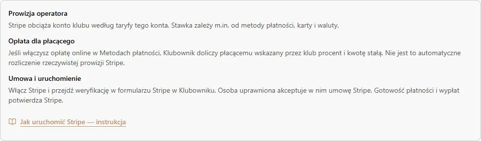 Opis prowizji, umowy i link do instrukcji Stripe w karcie operatora