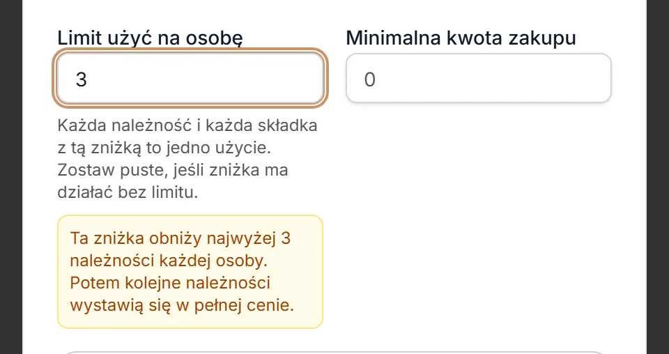 Automatyczna zniżka — ostrzeżenie o limicie