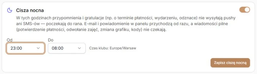 Cisza nocna — przełącznik, godziny w strefie klubu i osobny zapis