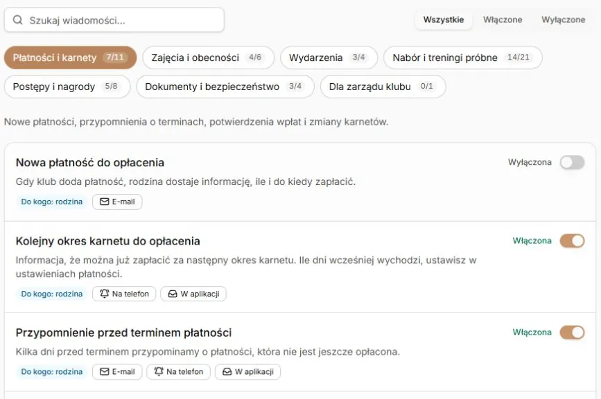 Wiadomości automatyczne — wyszukiwarka, filtr, kategorie i lista