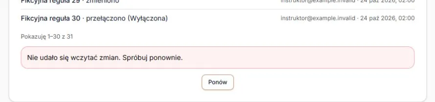 Błąd doładowania rejestru — trzydziesty wpis zachowany, Ponów pobierze dalszą stronę; dane przykładowe