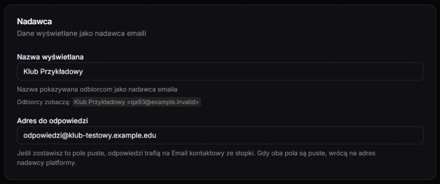 Nadawca — nazwa i podgląd oraz osobny adres do odpowiedzi; rzeczywisty formularz po fikcyjnym zapisie, bez wysyłki