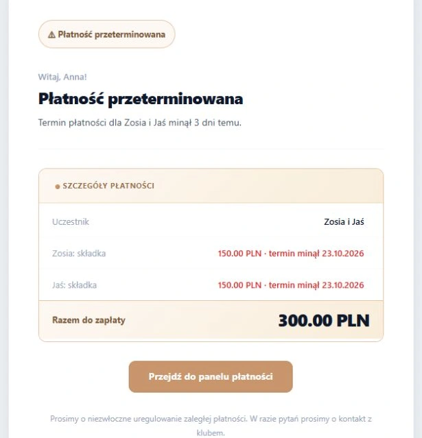 Podsumowanie zaległości — rzeczywisty podgląd wyrenderowanego e-maila dla fikcyjnej rodziny: dwie pozycje, suma i przejście do klubu; bez wysyłki
