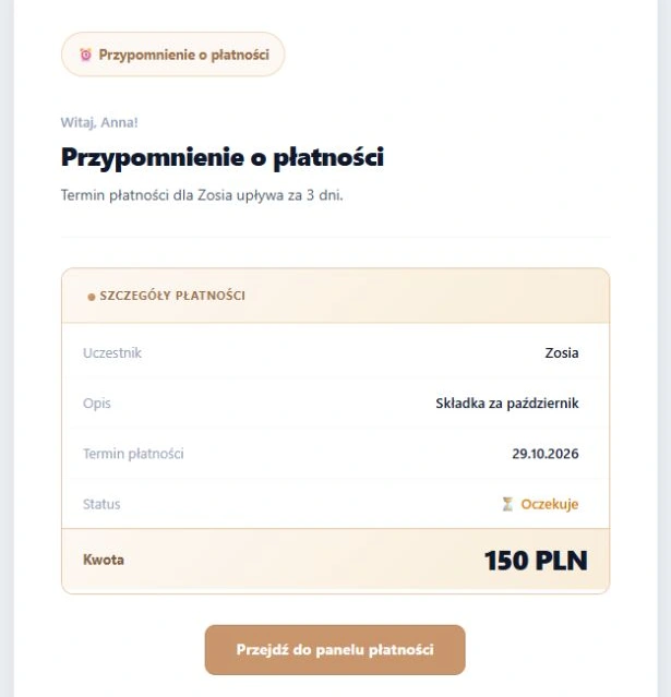 Przypomnienie o płatności — rzeczywisty podgląd wyrenderowanej wiadomości, kwota i przycisk. Fikcyjna należność; wiadomości nie wysłano