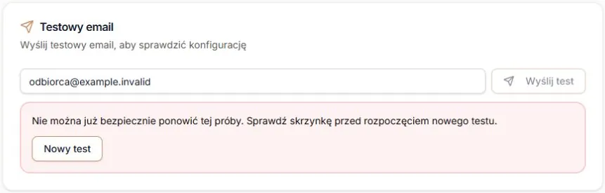Test e-maila — nieaktualna próba i jawne przygotowanie nowego testu; rzeczywisty ekran z kontrolowanym HTTP409