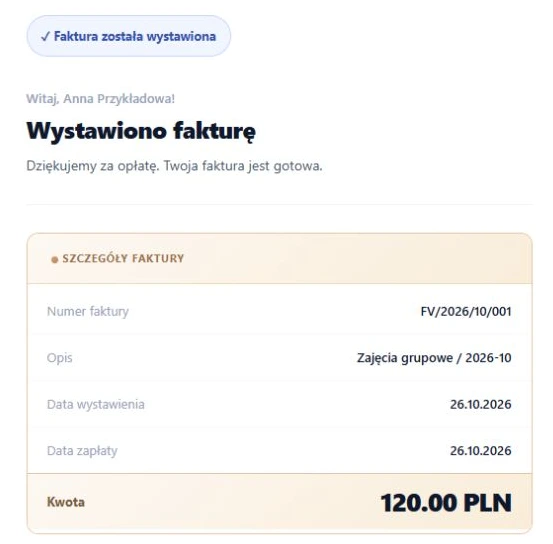 Fragment rzeczywistego e-maila po wystawieniu opłaconej faktury — nagłówek i dane dokumentu; fikcyjne dane, bez wysyłki do skrzynki