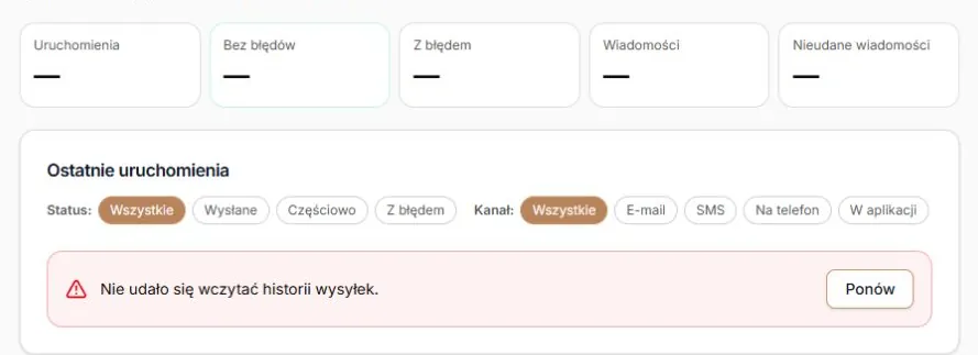 Niepotwierdzona Historia — nieznane liczniki, trwały komunikat i Ponów; rzeczywisty panel na danych przykładowych
