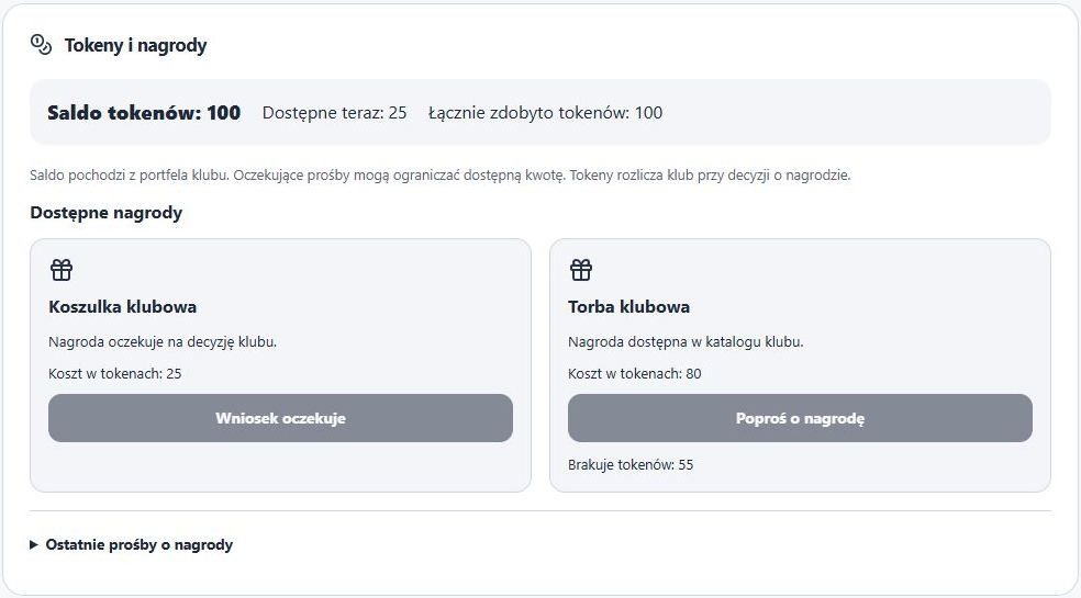 Tokeny i nagrody — rzeczywista karta z dostępnymi 25 tokenami, oczekującą prośbą i nieaktywną nagrodą za 80; dane fikcyjne
