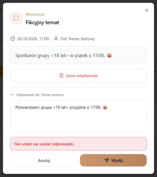 Skrzynka — widoczny błąd, zachowana treść i Wyślij po przerwaniu lokalnej próby; rzeczywisty formularz z fikcyjnymi danymi, bez prawdziwych wysyłek