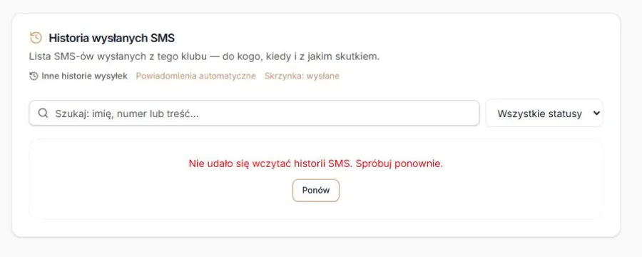 Historia SMS — błąd odczytu i Ponów zamiast fałszywej pustej listy; rzeczywista karta z kontrolowanym HTTP503, bez dostępu do bazy