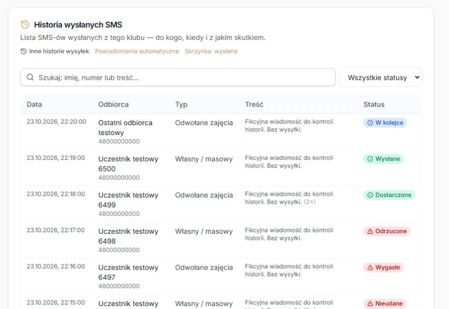 Historia SMS — wyszukiwarka, filtr i rzeczywista tabela ze wszystkimi rodzajami wyników; dane fikcyjne, bez wysyłki