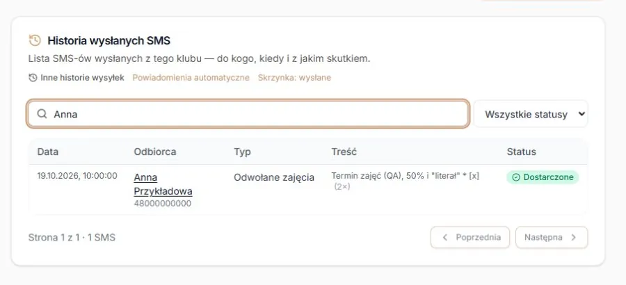 Wyszukanie Anny Przykładowej — jedna fikcyjna wiadomość, odnośnik do profilu i licznik stron; rzeczywisty komponent bez dostępu do operatora