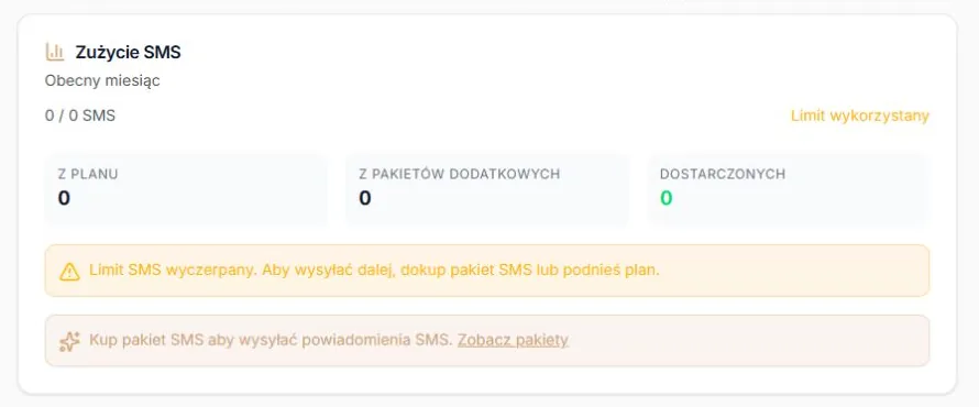 SMS — zerowy pakiet, podział puli i wskazówki po jej wyczerpaniu; rzeczywisty formularz z fikcyjnymi danymi