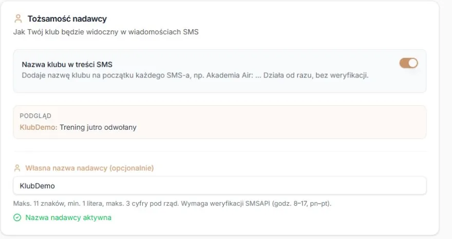 Aktywny nadawca — nazwa, potwierdzony status i inny podgląd; lokalny odczyt fikcyjny bez zgłoszenia do operatora