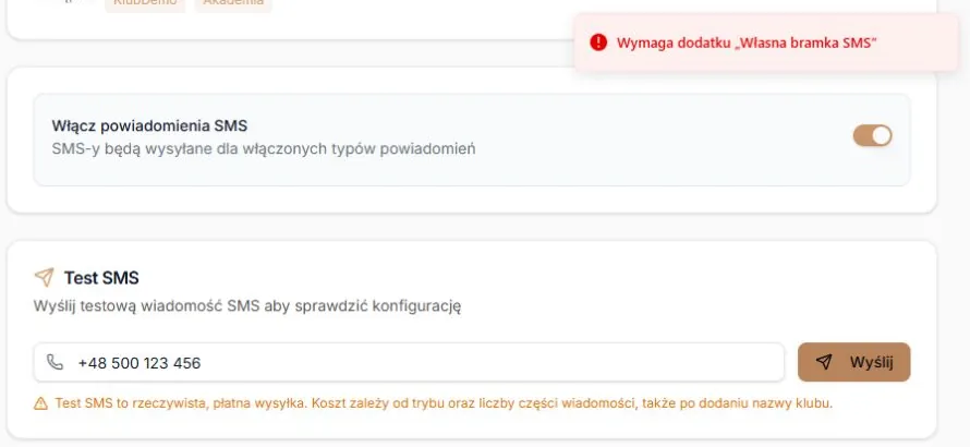Test SMS — czytelna blokada własnej bramki i zachowany numer; rzeczywisty formularz z kontrolowanym HTTP403, bez wysyłki
