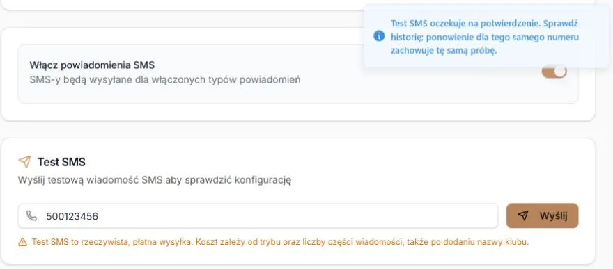 Test SMS — wynik oczekujący i zachowany numer; kontrolowany transport bez rzeczywistej wysyłki