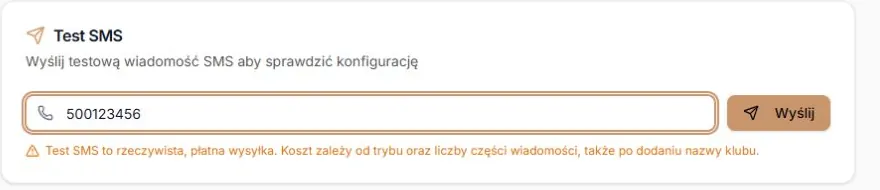 Test SMS — numer, przycisk Wyślij i informacja o koszcie; stanowisko fikcyjne bez operatora