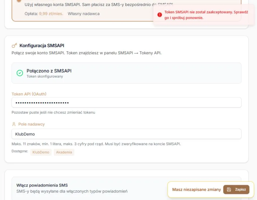 Własne konto — odrzucony fikcyjny token, zachowany szkic i Zapisz; rzeczywisty formularz z kontrolowaną odmową, bez połączenia z SMSAPI