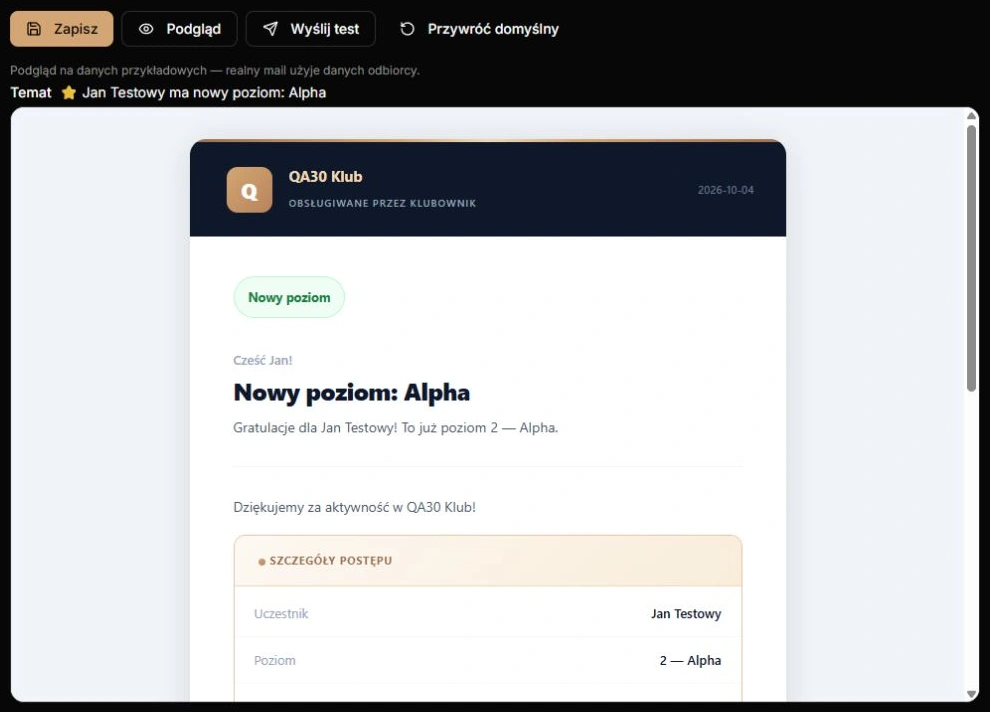 Podgląd niezapisanego Wstępu w szablonie Nowy poziom uczestnika — przycisk, temat i rzeczywisty HTML wiadomości na fikcyjnych danych, bez wysyłki