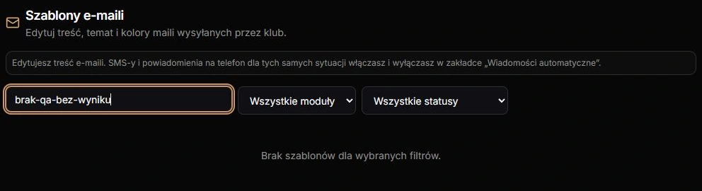 Brak wyników — aktywne wyszukiwanie i potwierdzony pusty wynik filtrów; rzeczywista lista, bez zapisu i wysyłki