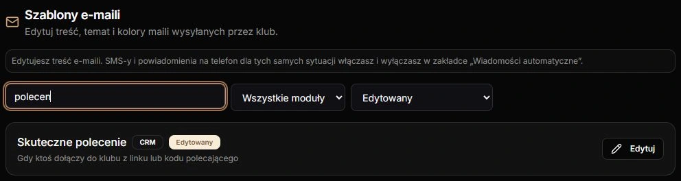 Wersja klubowa — połączone wyszukiwanie i filtr Edytowany oraz pasująca karta; rzeczywisty komponent z fikcyjnymi danymi