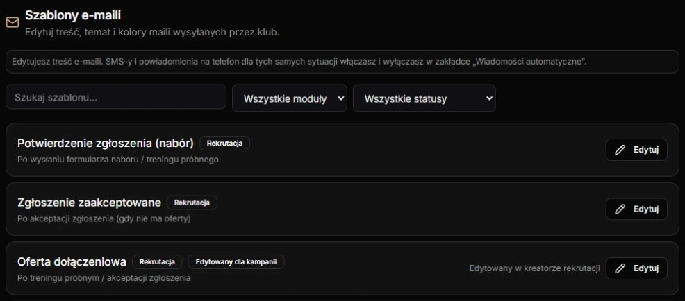 Lista szablonów — wyszukiwanie, grupa, status oraz karta i Edytuj; rzeczywisty komponent z aktualnym katalogiem i fikcyjnymi statusami