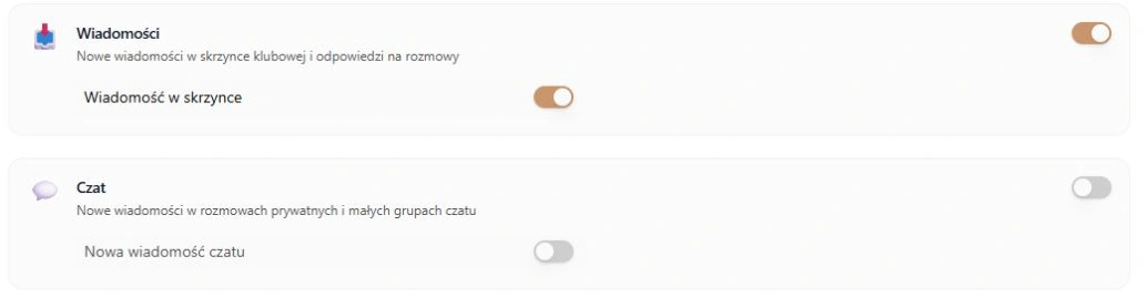 Na telefon — Wiadomość w skrzynce włączona i Nowa wiadomość czatu wyłączona; rzeczywisty panel i odczyt fikcyjnych ustawień, bez wysyłki