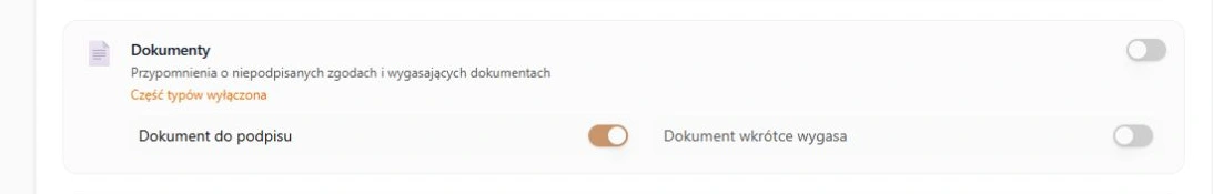 Na telefon — osobne decyzje: Dokument do podpisu włączony, Dokument wkrótce wygasa wyłączony; rzeczywista karta, zapis na fikcyjnych danych
