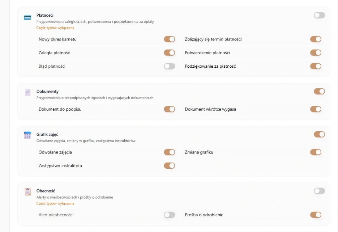 Na telefon — cztery pierwsze grupy i ich rodzaje; rzeczywista karta klubu z fikcyjnymi ustawieniami