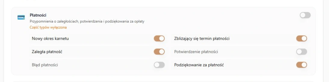 Płatności — sześć rzeczywistych przełączników; potwierdzenie i błąd wyłączone, pozostałe włączone. Zapis na fikcyjnych danych, bez wysyłki do urządzeń
