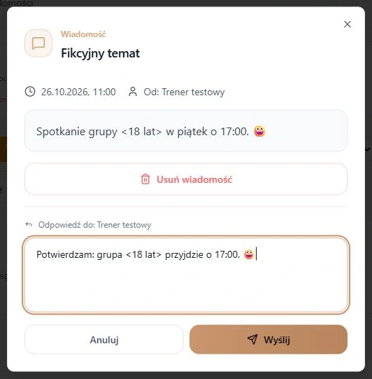 Skrzynka — treść odpowiedzi i Wyślij w rzeczywistym starszym formularzu; fikcyjne dane, bez prawdziwych dostawców powiadomień