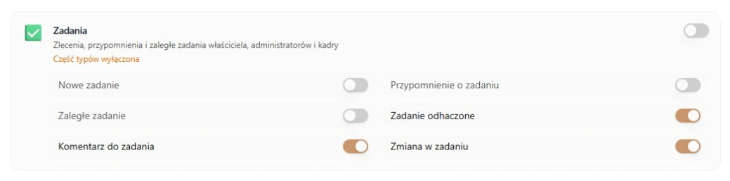 Zadania — nowe, przypomnienia i zaległe wyłączone, pozostałe pozycje włączone; rzeczywista karta po zapisie fikcyjnych preferencji, bez wysyłki