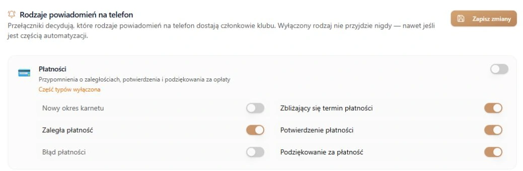 Na telefon — przełącznik całej grupy, pojedynczy rodzaj i Zapisz zmiany; rzeczywista karta, fikcyjne ustawienia, bez wysyłki