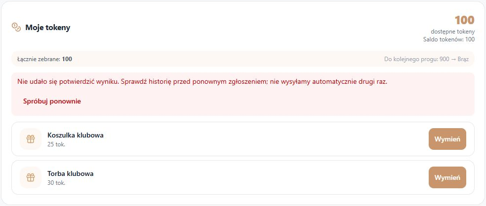 Starszy portfel WWW — rzeczywisty komunikat po utracie odpowiedzi i ręczne ponowienie tej samej próby; fikcyjne dane, bez zewnętrznych wysyłek