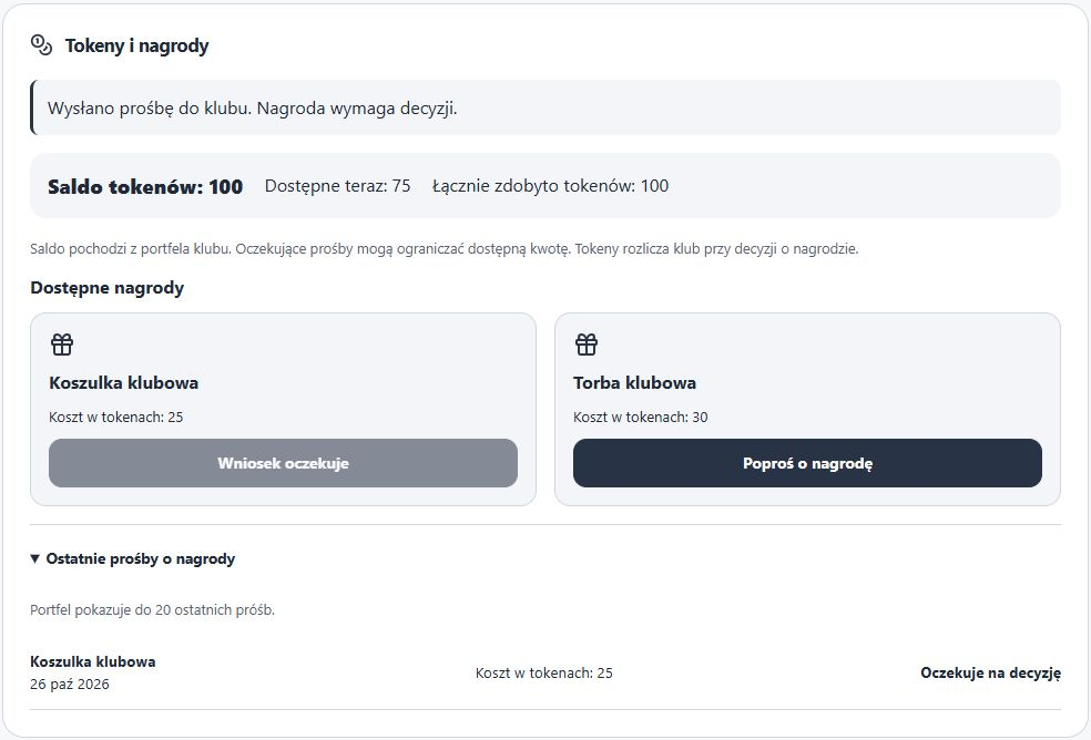 Nowy panel rodzica — rzeczywisty wynik ponowienia, saldo 100, dostępne 75 i jeden oczekujący wniosek w historii; fikcyjne dane