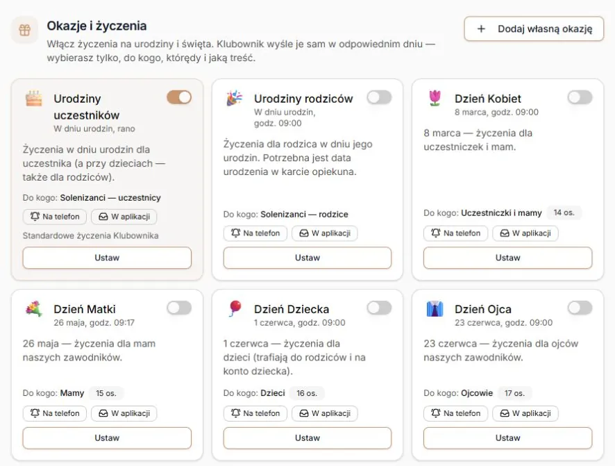 Zakładka Okazje i życzenia — karty okazji