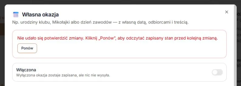 Niepotwierdzona zmiana — zablokowany szkic i Ponów
