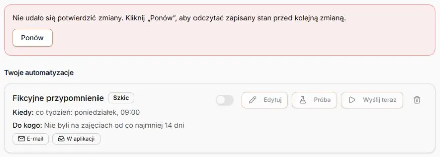 Niepotwierdzony wynik działania — odczytaj stan przed następnym poleceniem