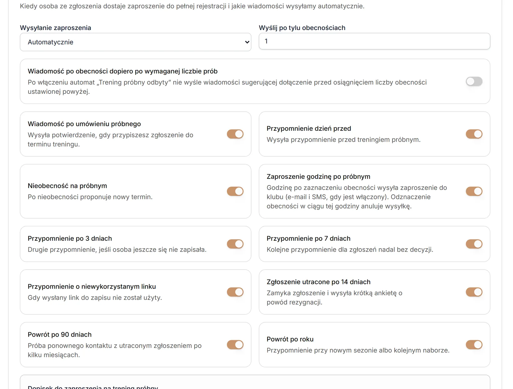Trening próbny i automatyczne wiadomości