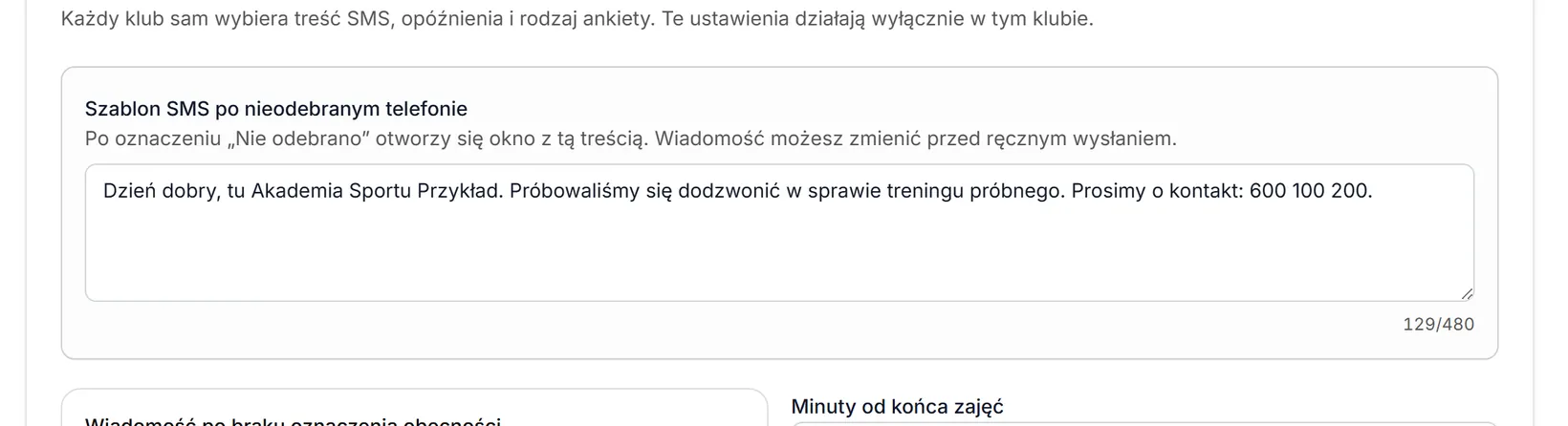 Szablon SMS po nieodebranym telefonie