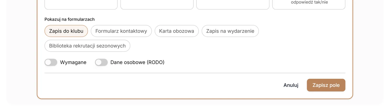 Nowe pole — formularze i przełączniki