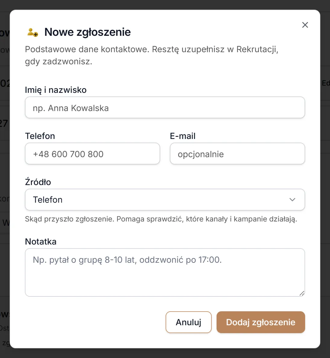 Okno „Nowe zgłoszenie”