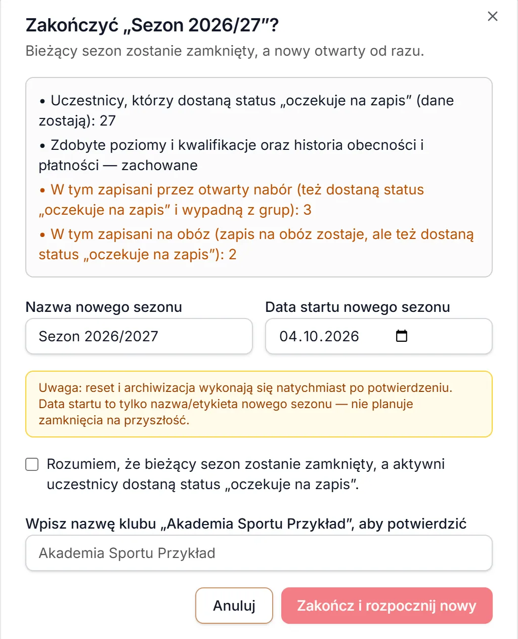 Okno zakończenia w klubie bez grywalizacji