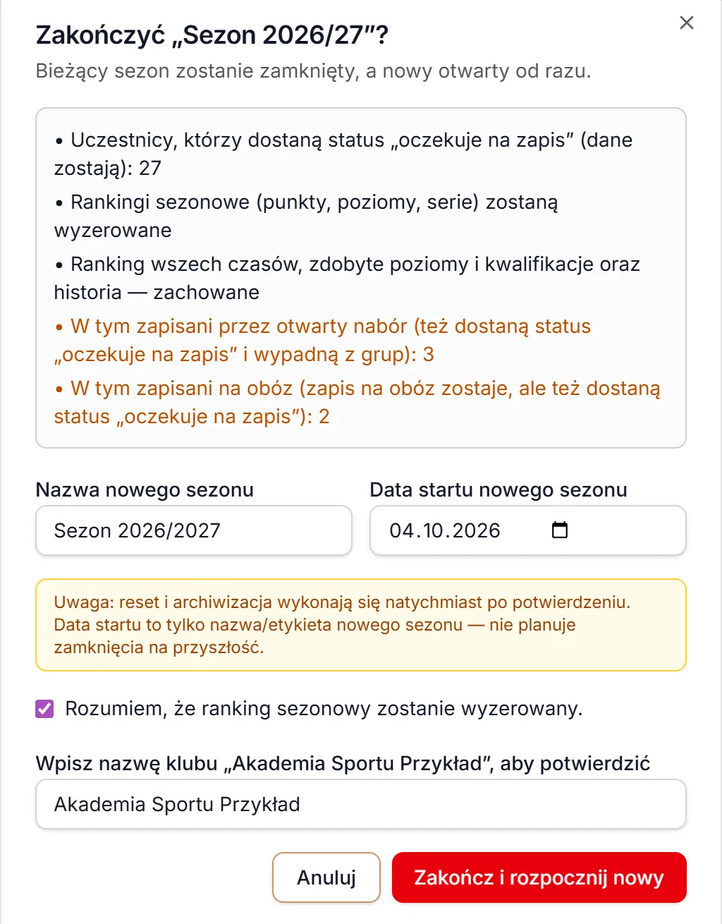 Potwierdzenie zakończenia sezonu