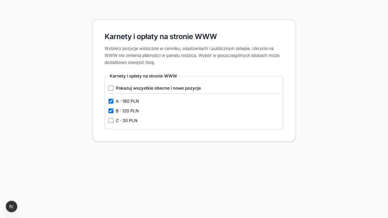 Wspólny wybór oferty WWW: pozycje A i B są zaznaczone, C pozostaje ukryta — dane demonstracyjne