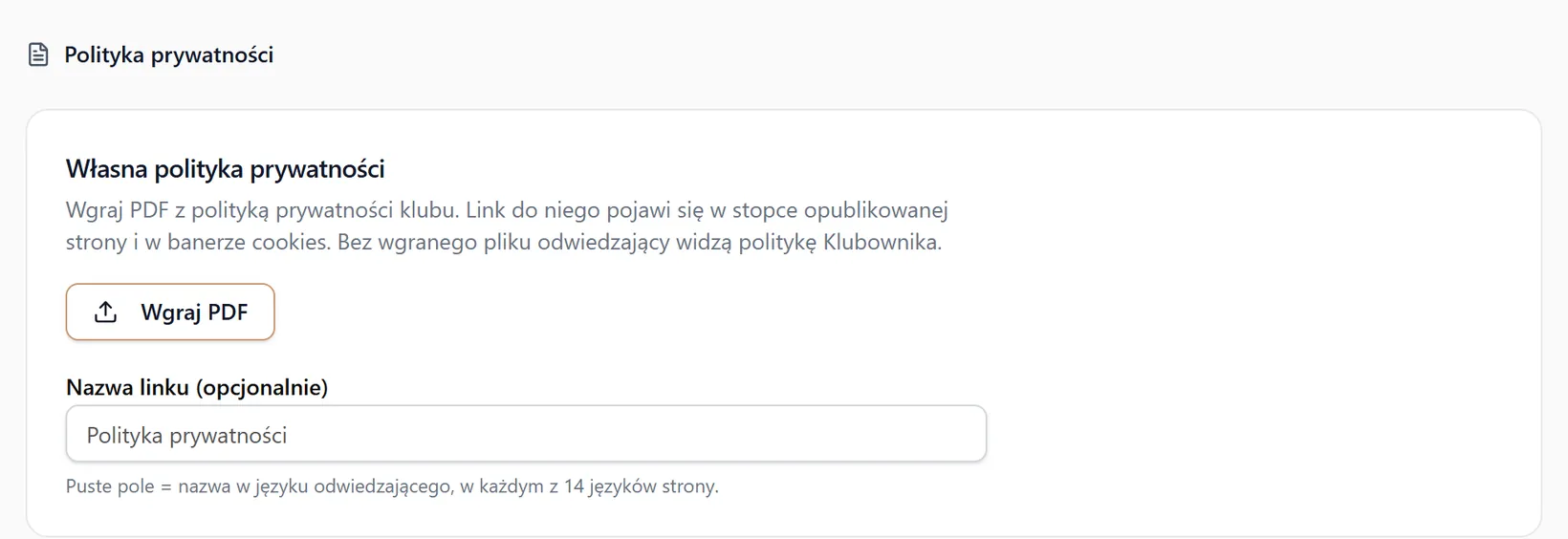 Własny PDF polityki prywatności i nazwa publicznego odnośnika