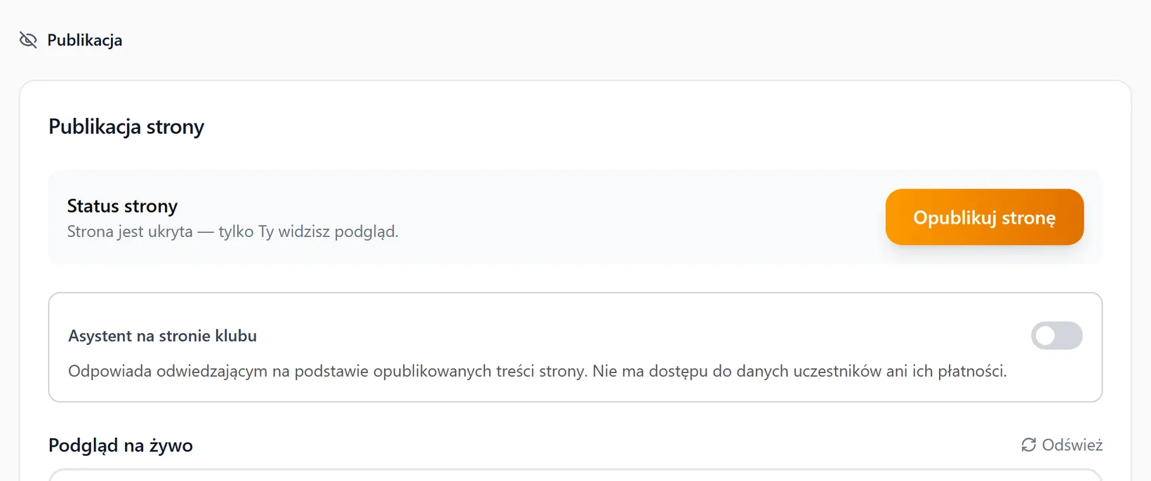 Status publikacji całej witryny i opcja asystenta
