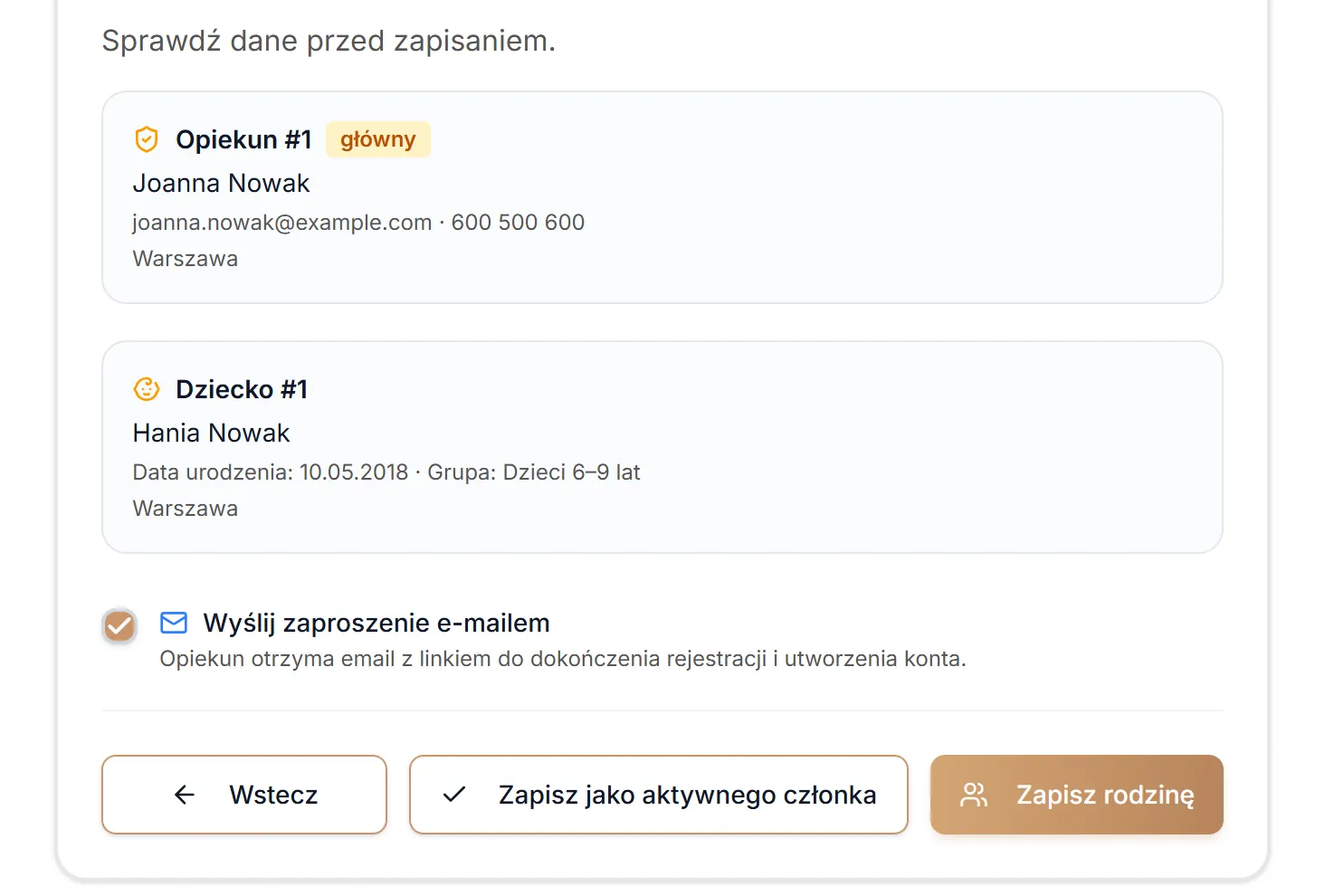 Krok 3 — podsumowanie i zapis rodziny